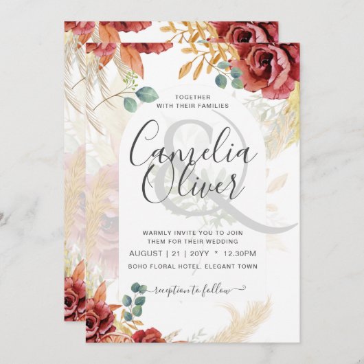 Burgundy Floral Wedding Invitation Digital Option (Voorkant / Achterkant)