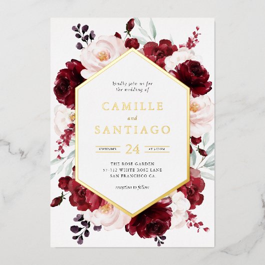 Burgundy Floral Wedding Invitation Folie Uitnodiging (Voorkant)