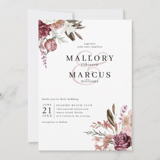 Burgundy Floral Wedding Invitation Kaart (Voorkant)
