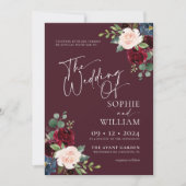 Burgundy Floral Wedding Invitation Kaart (Voorkant)