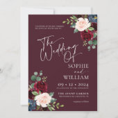 Burgundy Floral Wedding Invitation Kaart (Voorkant)