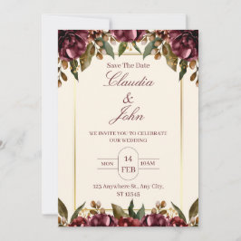 Burgundy Floral Wedding Invitation Kaart
