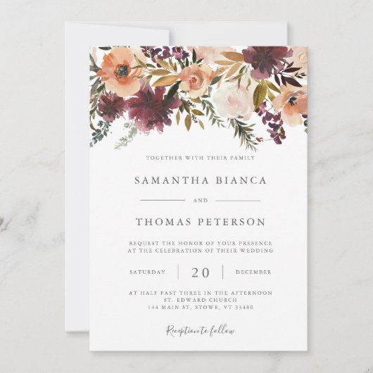 Burgundy Floral Wedding Invitation Kaart (Voorkant)