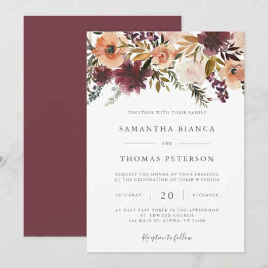 Burgundy Floral Wedding Invitation Kaart (Voorkant / Achterkant)
