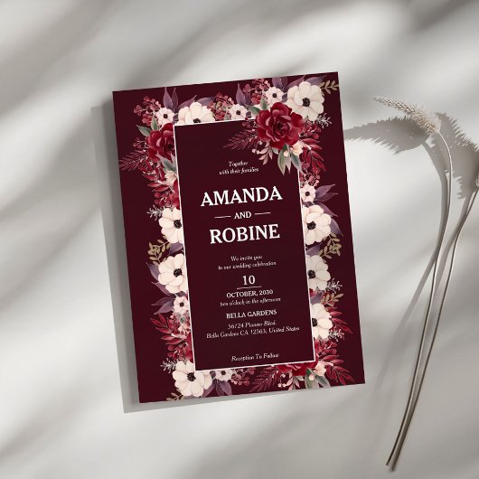 Burgundy Floral Wedding Invitation Kaart