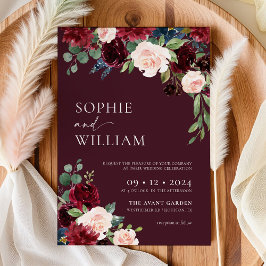 Burgundy Floral Wedding Invitation Kaart