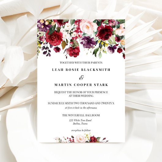 Burgundy Floral Wedding Invitation Kaart
