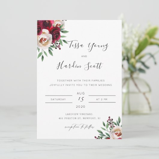 Burgundy Floral Wedding Invitation Kaart (Staand voorkant)