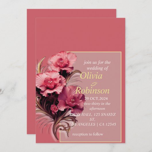 Burgundy Floral Wedding Invitation Kaart (Voorkant / Achterkant)