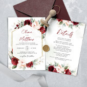 Burgundy Floral Wedding Invitation met details Kaart