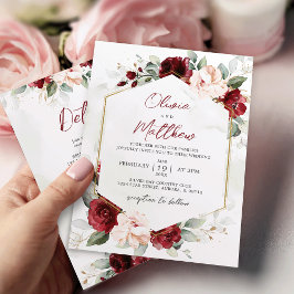 Burgundy Floral Wedding Invitation met details Kaart