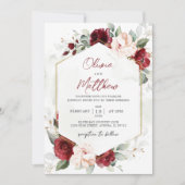 Burgundy Floral Wedding Invitation met details Kaart (Voorkant)