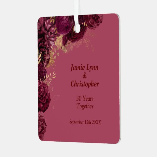 Burgundy Floral Wedding Jubileum Metalen Ornament (Voorkant links)