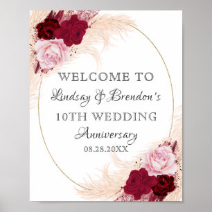 Burgundy Floral Wedding Jubileum Pampas Welkom Poster