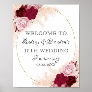 Burgundy Floral Wedding Jubileum Pampas Welkom Poster