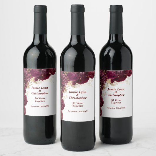 Burgundy Floral Wedding Jubileum Wine Label Wijn Etiket (Flessen)