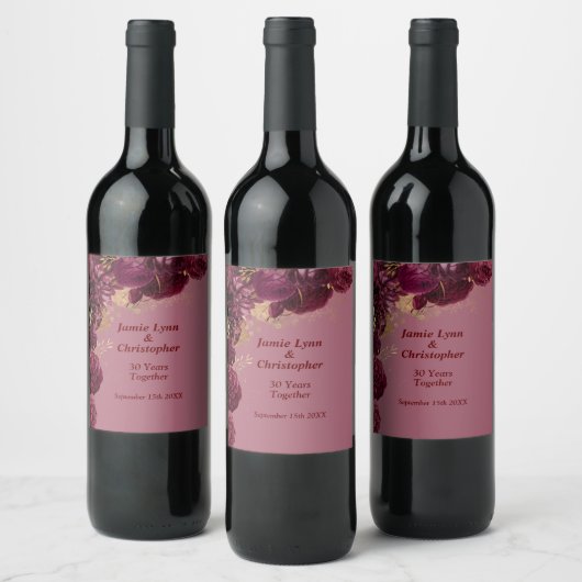 Burgundy Floral Wedding Jubileum Wine Label Wijn Etiket (Flessen)