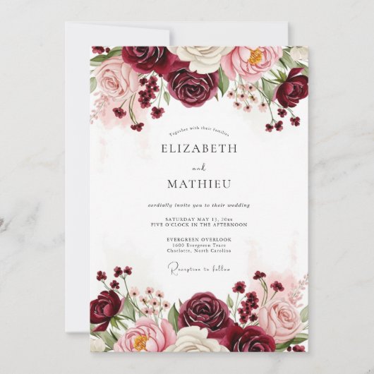 Burgundy Floral Wedding Kaart (Voorkant)