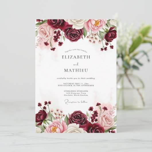 Burgundy Floral Wedding Kaart (Staand voorkant)