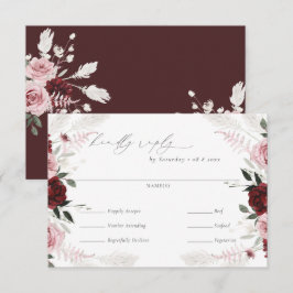 Burgundy Floral Wedding Meal Choice RSVP-kaart RSVP Kaartje