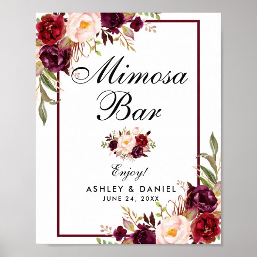 Burgundy Floral Wedding Mimosa Bar Poster (Voorkant)