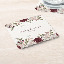 Burgundy Floral Wedding Paper Coasters