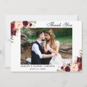 Burgundy Floral Wedding Photo Bedankkaart (Voorkant)