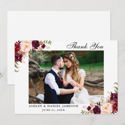 Burgundy Floral Wedding Photo Bedankkaart (Voorkant / Achterkant)