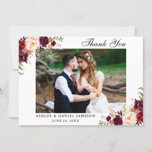 Burgundy Floral Wedding Photo Bedankkaart