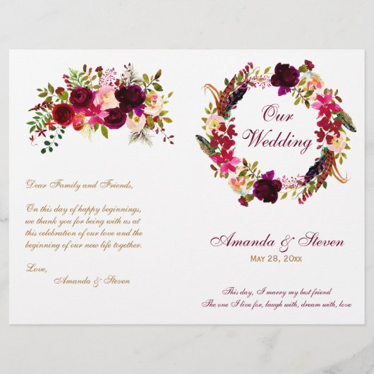 Burgundy Floral Wedding Programme (Voorkant)