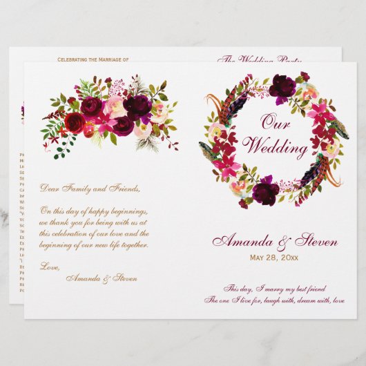 Burgundy Floral Wedding Programme (Voorkant / Achterkant)