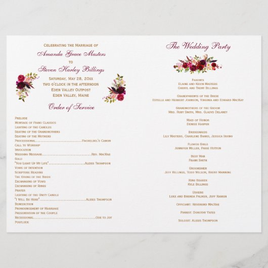 Burgundy Floral Wedding Programme (Achterkant)
