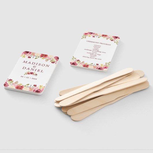 Burgundy Floral Wedding Programme Handwaaier (Niet-gemonteerd)