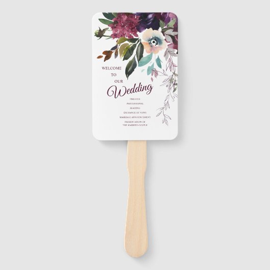 Burgundy Floral Wedding Programme Handwaaier (Voorkant)