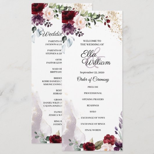 Burgundy Floral Wedding Programme Kaart (Voorkant / Achterkant)