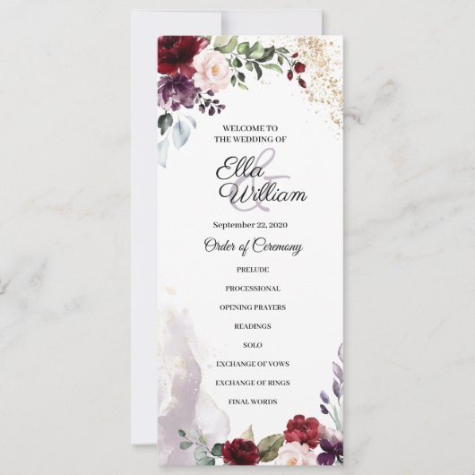 Burgundy Floral Wedding Programme Kaart (Voorkant)