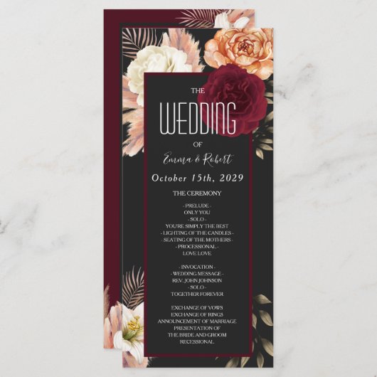 Burgundy Floral Wedding Programme Programmakaart (Voorkant / Achterkant)