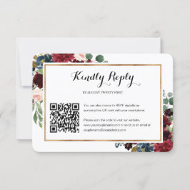 Burgundy Floral Wedding QR Code Foto RSVP Card