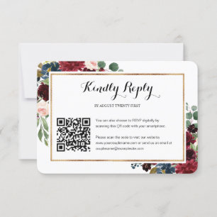 Burgundy Floral Wedding QR Code Foto RSVP Card
