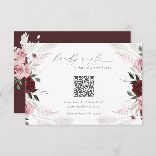 Burgundy Floral Wedding QR Code RSVP Informatiekaartje (Voorkant / Achterkant)
