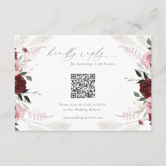 Burgundy Floral Wedding QR Code RSVP Informatiekaartje (Voorkant)