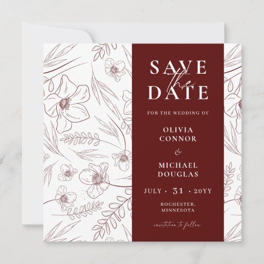 Burgundy Floral Wedding QR Code Save The Date (Voorkant)