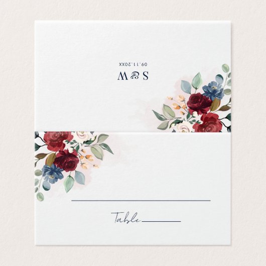 Burgundy Floral Wedding Reception Table Number Kaart (Buitenkant ongevouwen)