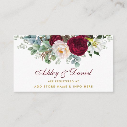 Burgundy Floral Wedding Registry Gold Insert Card Informatiekaartje (Voorkant)