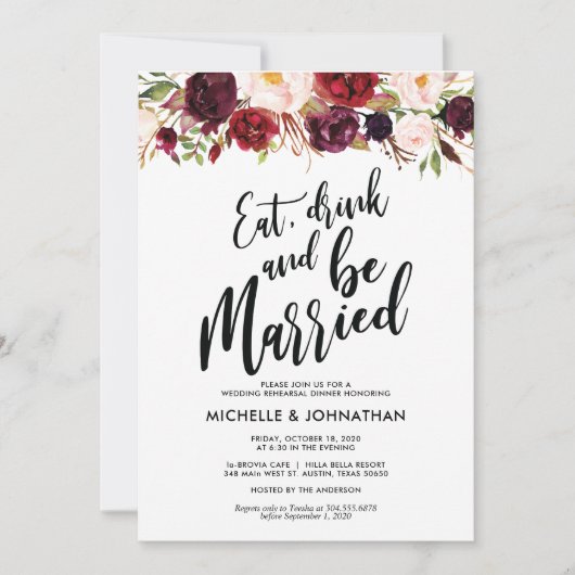 Burgundy Floral Wedding Rehearsal Dinner Invites Kaart (Voorkant)