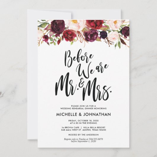 Burgundy Floral Wedding Rehearsal Dinner Invites Kaart (Voorkant)