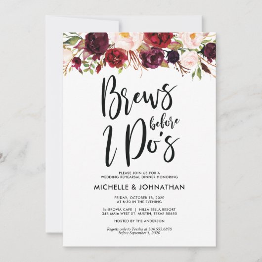Burgundy Floral Wedding Rehearsal Dinner Invites Kaart (Voorkant)