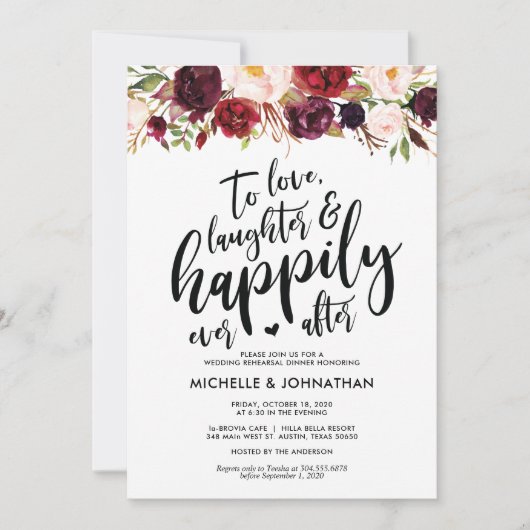 Burgundy Floral Wedding Rehearsal Dinner Invites Kaart (Voorkant)