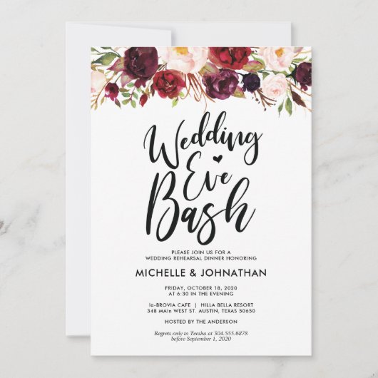 Burgundy Floral Wedding Rehearsal Dinner Invites Kaart (Voorkant)