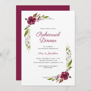 Burgundy Floral Wedding Rehearsal Dinner Kaart